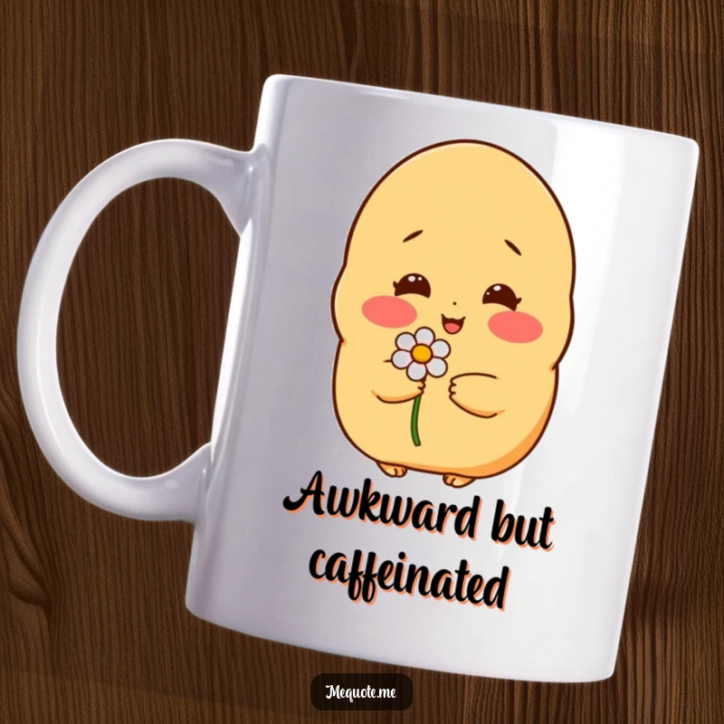 Funny mug: A shy potato character blushing deeply while tenderly holding a delicate flower.