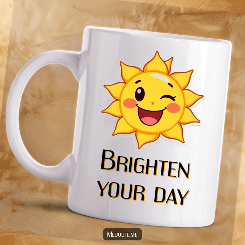 Funny Happy Sun Mug showing a cheerful sun character giving a playful wink, radiating warmth and happiness.