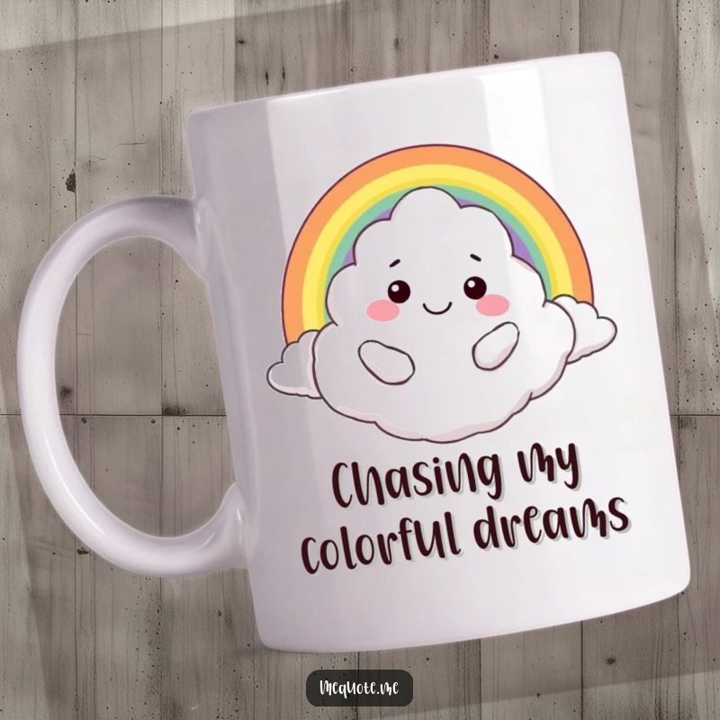 Funny mug: A smiling cloud character lovingly hugging a vibrant rainbow, spreading warmth and cheer.