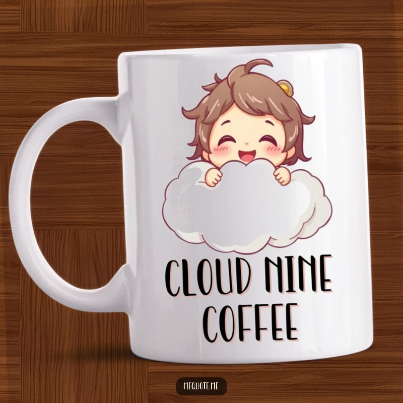 Funny Mug: A smiling character happily hugging a large, soft cloud, embodying pure joy and whimsical dreams.