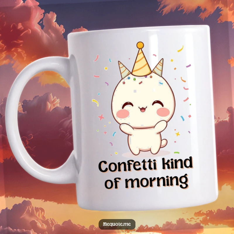 Funny Mug with a character head adorned with sparkling confetti and glitter, representing joyous celebration and excitement.