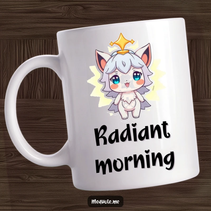Funny Mug showing a character proudly observing its own bright, glowing aura, radiating self-assurance and inner light.