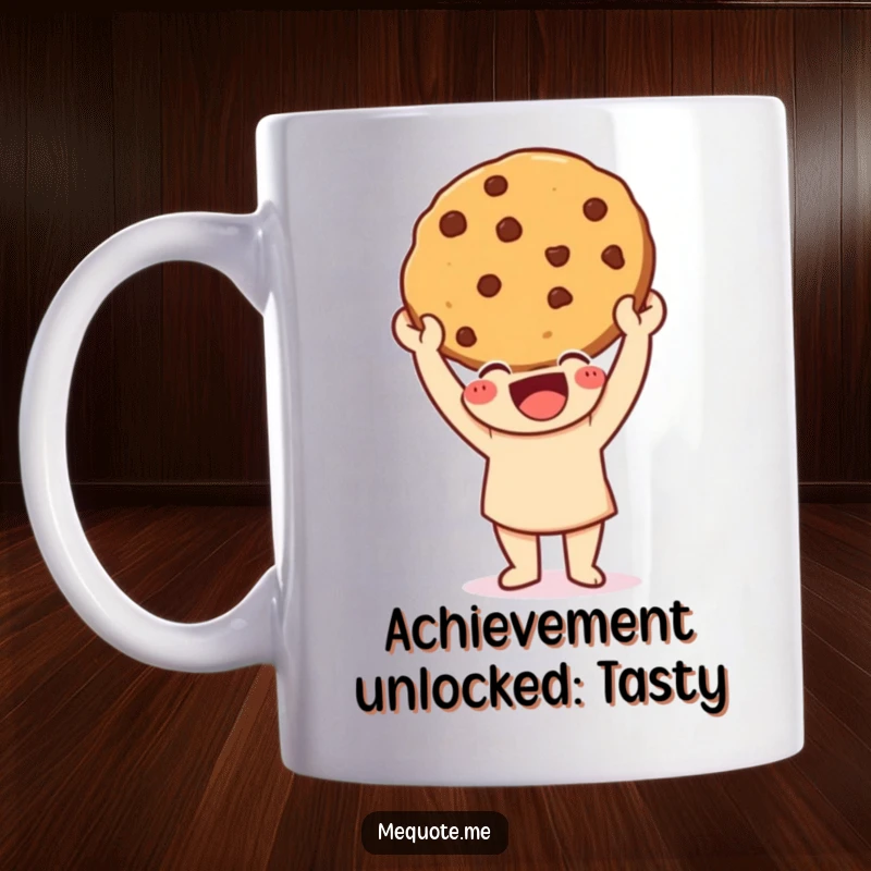 Funny Mug showing a happy character triumphantly holding up a freshly baked cookie, celebrating a delicious creation.