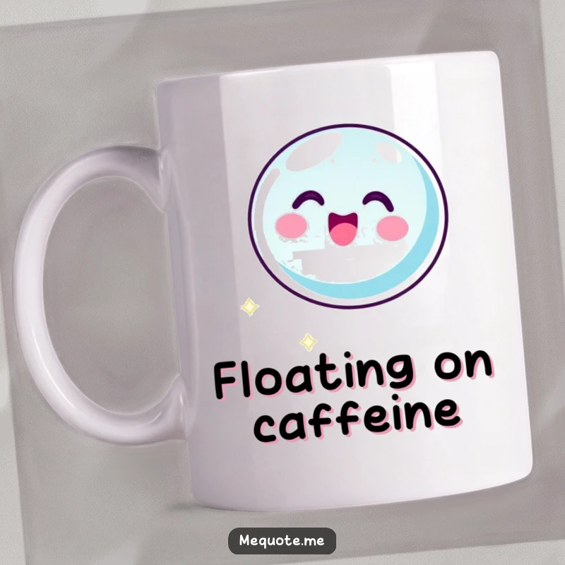 Funny mug showcasing a bubbly bubble icon character floating joyfully with an ecstatic expression. A cheerful, lighthearted gift idea.