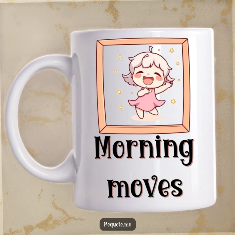 Funny Mug depicting a character laughing heartily while playfully dancing and looking at its mirror image, full of mirth.
