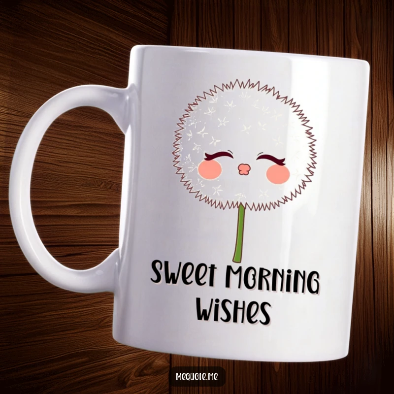 Funny Dandelion Puff Mug featuring a cute character blowing gentle kisses, radiating sweetness and playful charm.