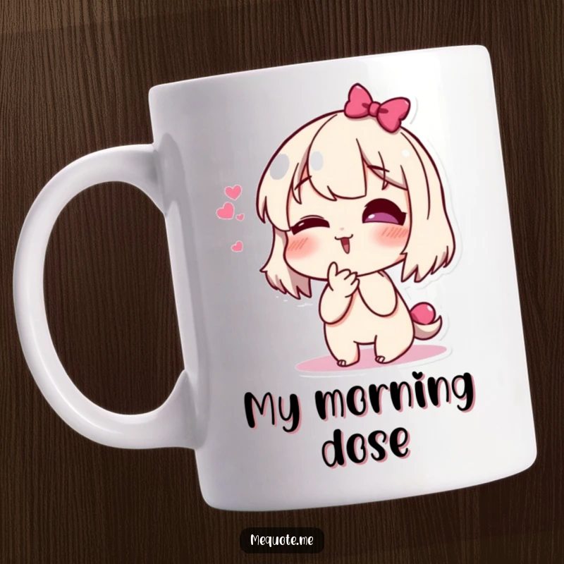 Funny mug featuring a cute, giggling character playfully blowing a kiss with a joyful expression and a hint of mischief.