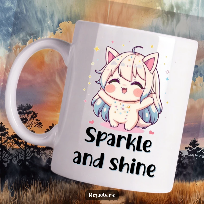 Funny mug depicting a joyful character gleefully showering itself with shimmering glitter, radiating happiness and sparkle.