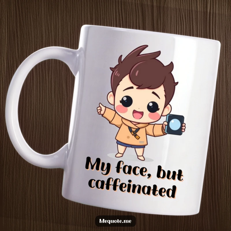 Funny Mug featuring a cheerful character striking a proud pose with a selfie stick, capturing a moment of ultimate self-appreciation.