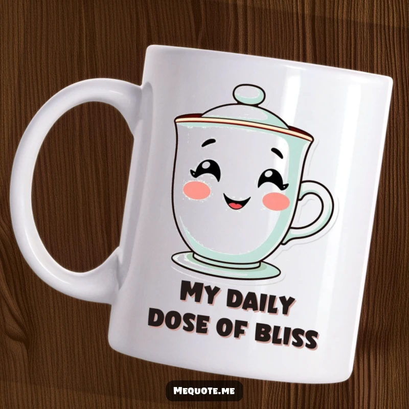 Funny teacup mug featuring a contented character with a wide, happy, steamy grin, radiating warmth and joy. Perfect gift idea.