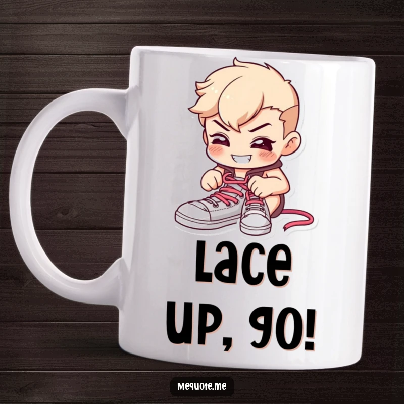 Funny mug showing a determined character diligently tying shoelaces with a focused expression and a cheerful grin.