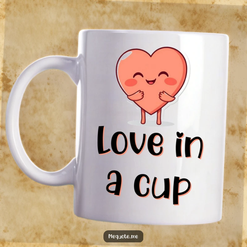 Funny Smiling Heart Mug showing a cute heart character giving a warm, gentle hug, radiating love and happiness.