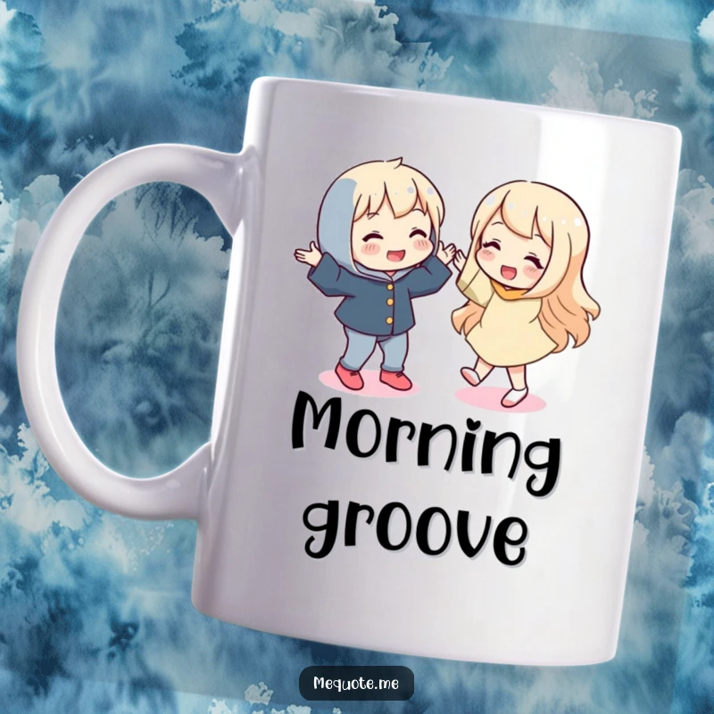 Funny mug showing a playful character doing a silly dance, with its mirror reflection mimicking every fun move.