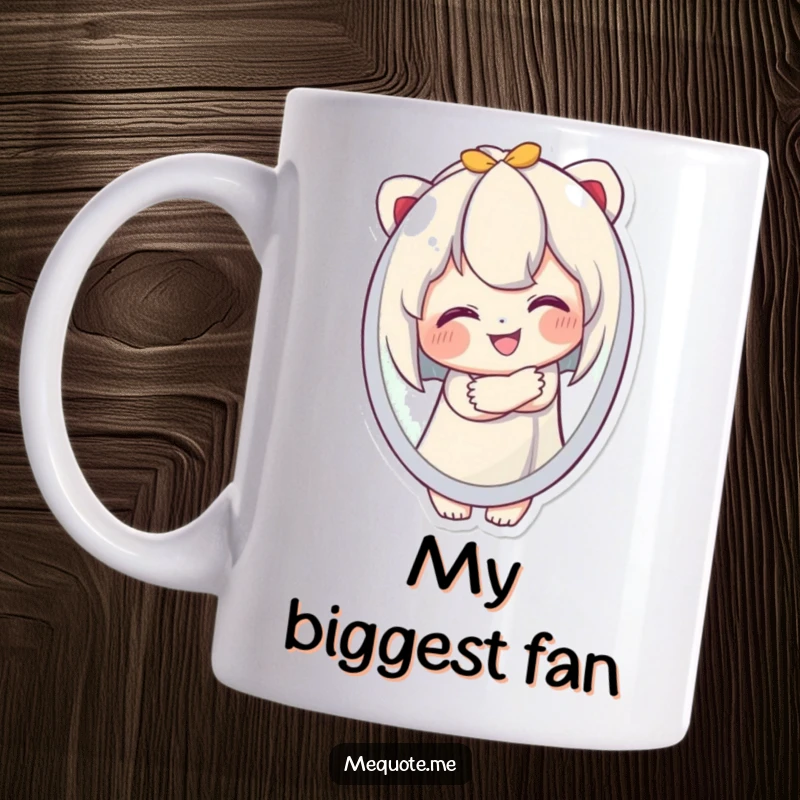 Funny Mug showing a cute character beaming with joy while hugging its own happy reflection, celebrating self-acceptance.