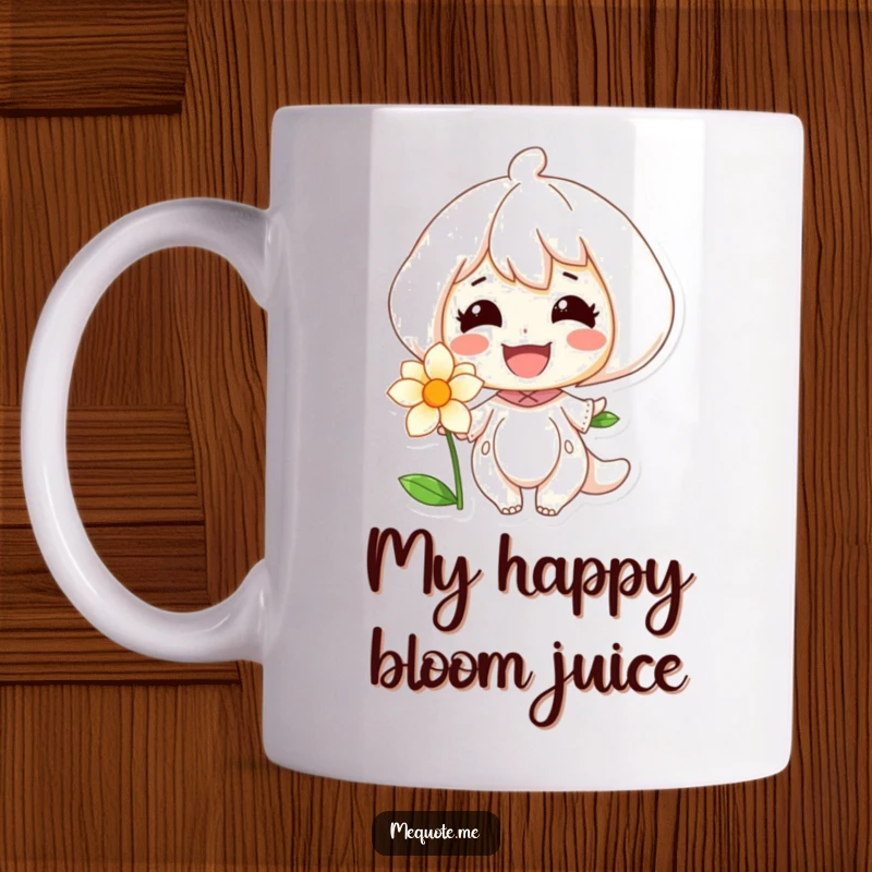 Funny mug showing a character beaming with a radiant smile while offering it to a vibrant, blossoming flower.