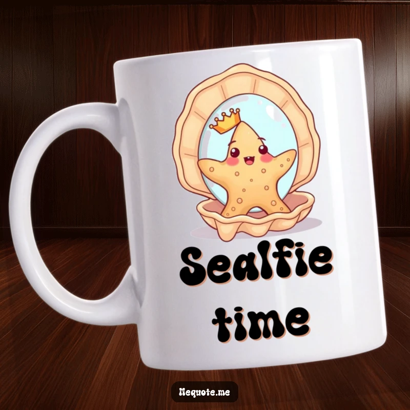 Funny Starfish Mug: A cute starfish wearing a tiny crown admires its reflection in a seashell mirror, showing regal vanity.