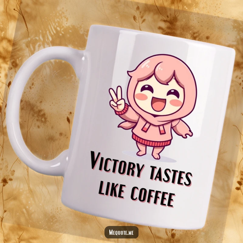Funny Mug showing a delighted character doing a victory dance and flashing a peace sign, radiating pure joy.