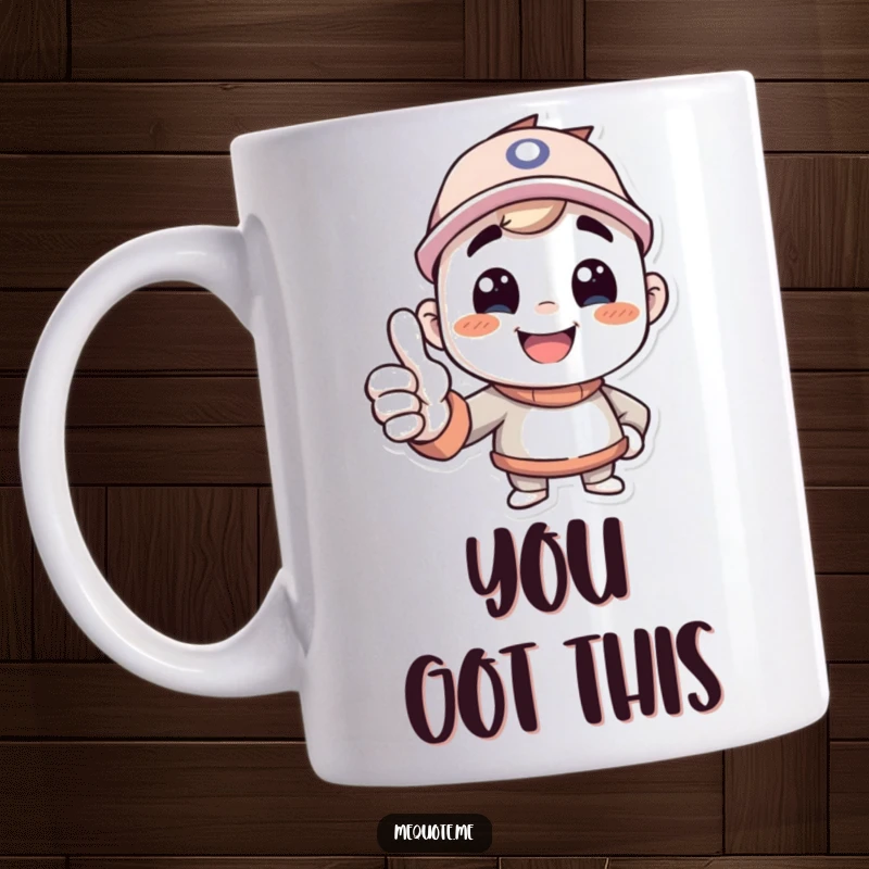 Funny mug showing a happy character giving a strong, confident thumbs up to its own positive mirror image.