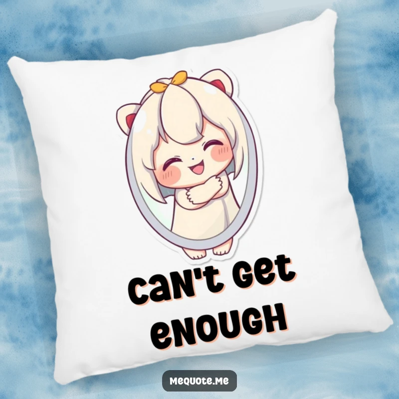 Funny Pillow with a cute character joyfully hugging its own smiling reflection, offering comfort and humorous self-appreciation.