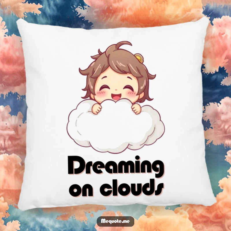Funny Pillow: A smiling character joyfully hugging a large cloud, bringing softness and dreamy vibes to comfort.