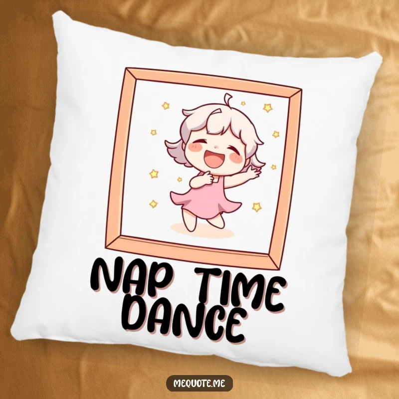 Funny Pillow featuring a character laughing heartily while playfully dancing and seeing its reflection in a mirror.