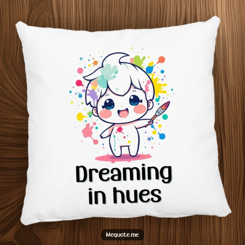 Funny pillow featuring a delighted paintbrush character energetically splattering colorful paint. A comfortable, humorous gift.