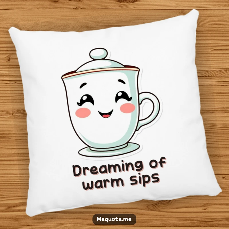 Funny pillow featuring a cozy teacup character with a cheerful, steamy grin, offering comfort and humor. A delightful funny gift.