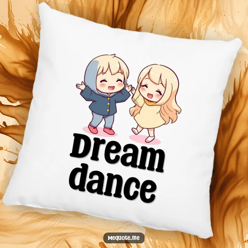 Funny pillow displaying a playful character in a silly dance pose, with its mirror reflection keeping perfect time.