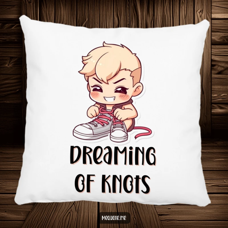 Funny pillow showcasing a determined character tying shoelaces with a focused expression and a big, happy grin.