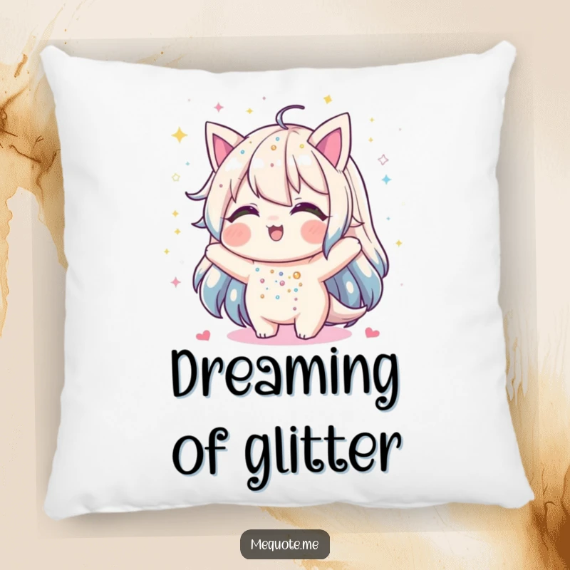 Funny pillow featuring a character delightedly showering itself with shimmering glitter, adding a soft touch of sparkle.