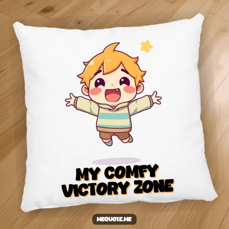 Funny pillow showcasing a jubilant character frozen mid-leap, embodying the spirit of accomplishment and pure, uninhibited joy.
