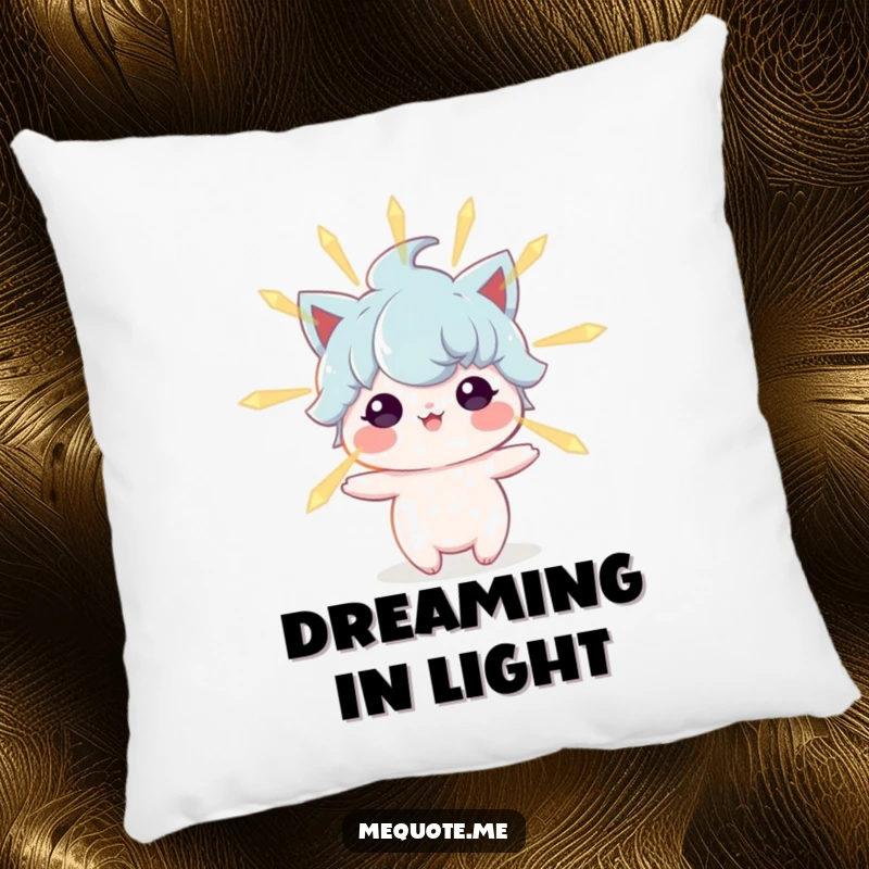 Funny pillow showcasing a character surrounded by a soft, luminous glow, representing the emanation of positive energy and inner peace.