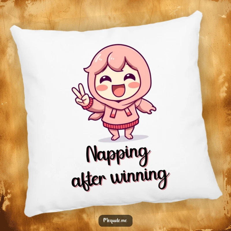 Funny Pillow featuring a delighted character doing a victory dance and flashing a peace sign, perfect for cozy cheer.