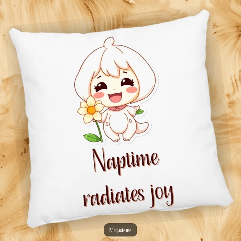 Funny pillow depicting a character's serene, happy smile shared with a colorful, flourishing flower, perfect for cozy spaces.