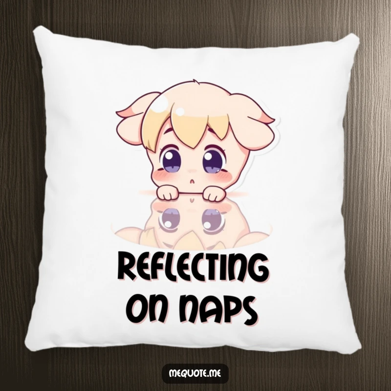 Funny Pillow featuring a surprised character gazing at its reflection in a shiny surface, offering comfort and a chuckle.