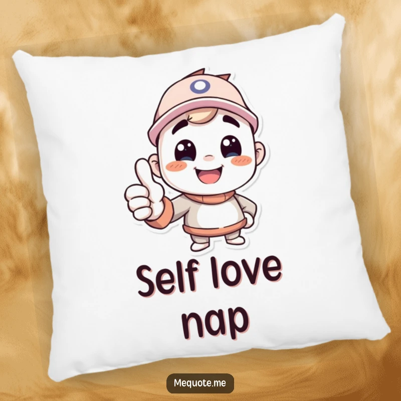 Funny pillow showcasing a happy character giving a confident thumbs up to its reflection, offering comfort and humor.