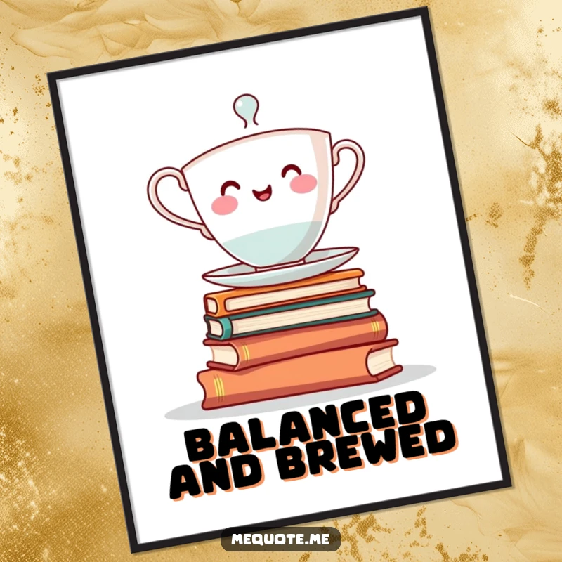 Funny digital art print: A cheerful teacup character humorously balancing on a stack of books, symbolizing wit.