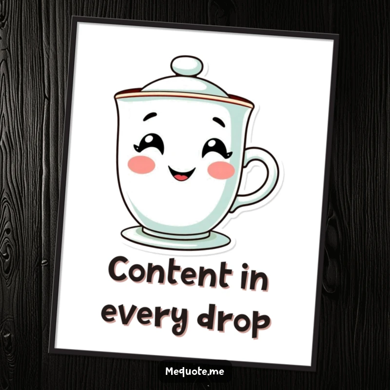 Funny digital art print of a contented teacup character with a bright, steamy grin, radiating good vibes. A humorous decor gift.