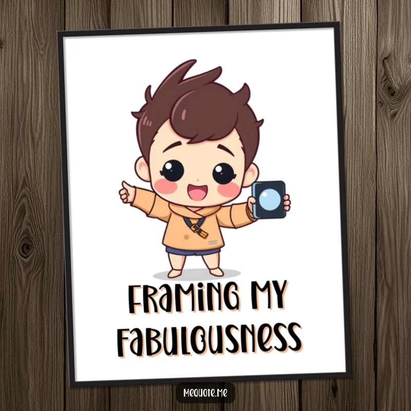 Funny Digital Art Print of a cheerful character striking a proud pose with a selfie stick, perfect for instant wall decor.