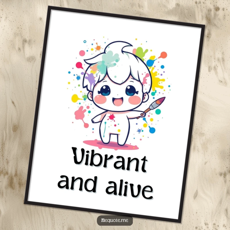 Funny digital art print of a delighted paintbrush character energetically splattering vibrant colors. A humorous decor gift.