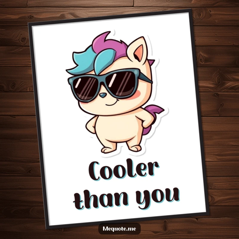 Funny digital art print of a mischievous character wearing cool sunglasses and a confident smirk, perfect for modern, cool decor.