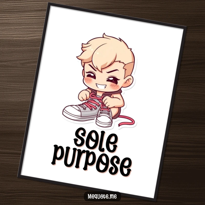 Funny digital art print of a determined character diligently tying shoelaces with a focused expression and a cheerful grin.