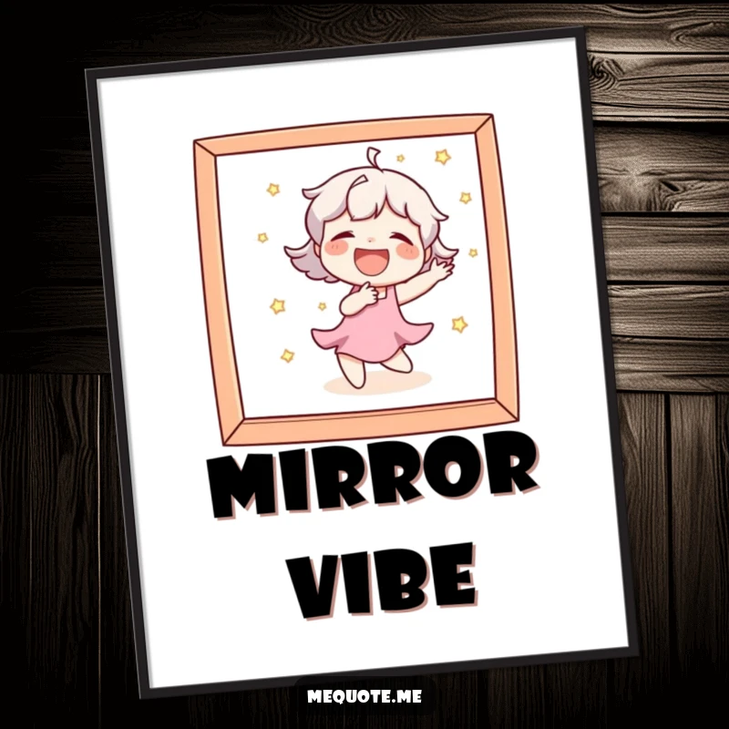 Funny Digital Art Print of a character laughing heartily while dancing playfully and looking at its reflection in a mirror.