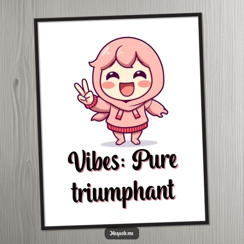 Funny Digital Art Print of a delighted character doing a victory dance and flashing a peace sign, perfect for instant decor.