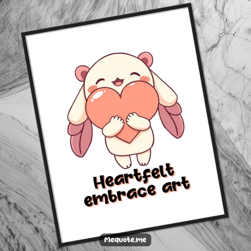 Funny digital art print depicting a character giving a warm, heartfelt hug to an abstract heart shape, symbolizing love.