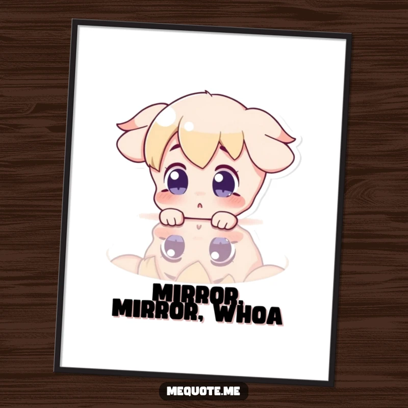 Funny Digital Art Print of a surprised character gazing at its reflection in a shiny surface, perfect for instant decor.
