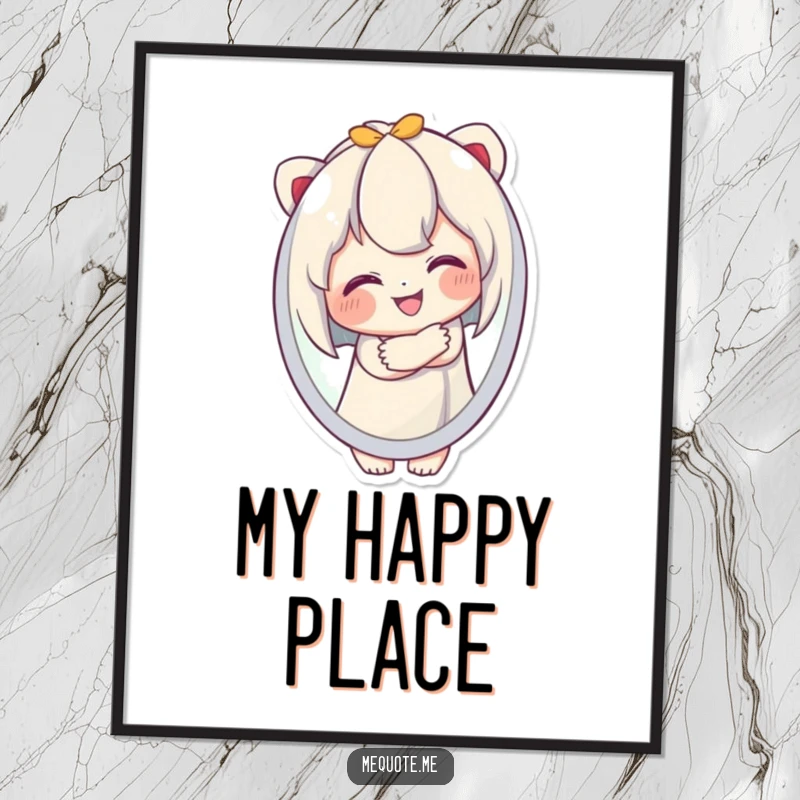Funny Digital Art Print of a cute character joyfully embracing its own smiling reflection, perfect for humorous wall decor.