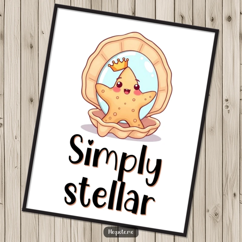 Funny Starfish Digital Art: A cute starfish with a crown humorously admires its reflection in a seashell mirror, creating regal wall decor.