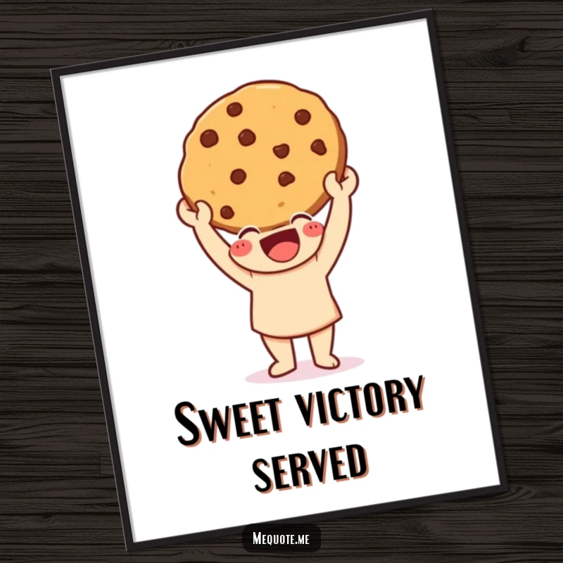 Funny Digital Art Print of a happy character triumphantly holding a freshly baked cookie, perfect for instant decor.