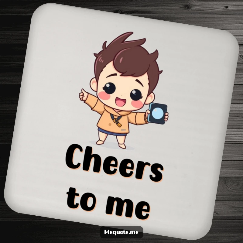 Funny Drink Coaster featuring a cheerful character striking a proud pose with a selfie stick, adding humor to your tabletop.